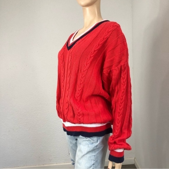 Vintage THE FOX Collection V-neck knit sweater long sleeve cotton red,white - Picture 3 of 16